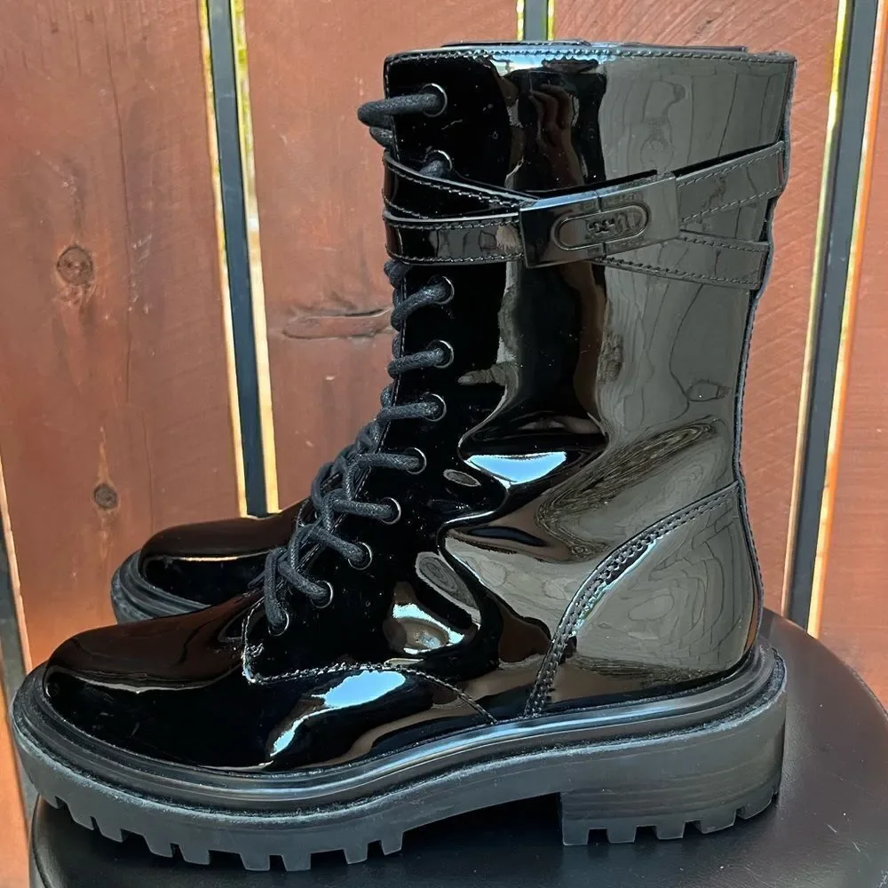 NEW Tory Burch patent leather finish T hardware combat boot size 7M